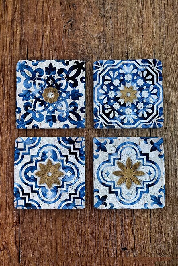 Natural Stone Coasters Tile Pattern Printed 10x10cm Stone Coasters Set of 4