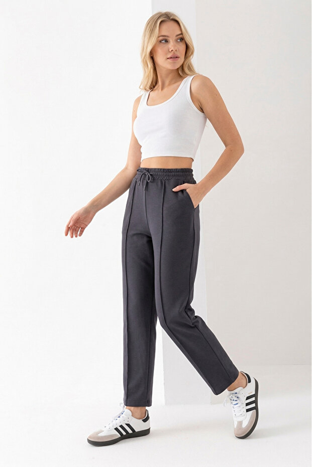 Women's Smoked Modal Fabric Balloon Model Ribbed Front Comfortable Fit Pants