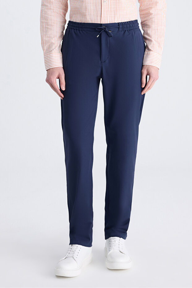 Ds Damat Relaxed Fit (Pile-Free) Navy Blue Diagonal Tencel ™ Cotton Blend Lycra Jogger Pants