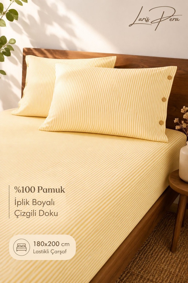 Double Elastic Sheet Set 180X200 cm 100% Cotton 2 Buttoned Pillowcases Yellow