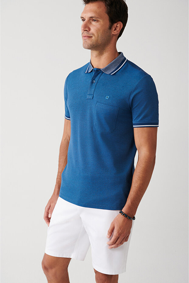 Erkek İndigo Yakası Çizgili Cepli Polo Yaka T-shirt E001031 - 3