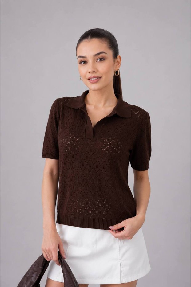 Women's Polo Neck Lace-Like Knit Knitted Detail Knitwear Sweater 12145