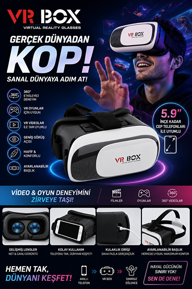 Vr Box 360 Derece Sanal Gerçeklik Gözlüğü Vr2