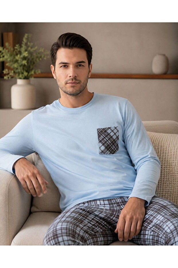 Men's Plaid Pocketed Long-Sleeve Pajama Set
