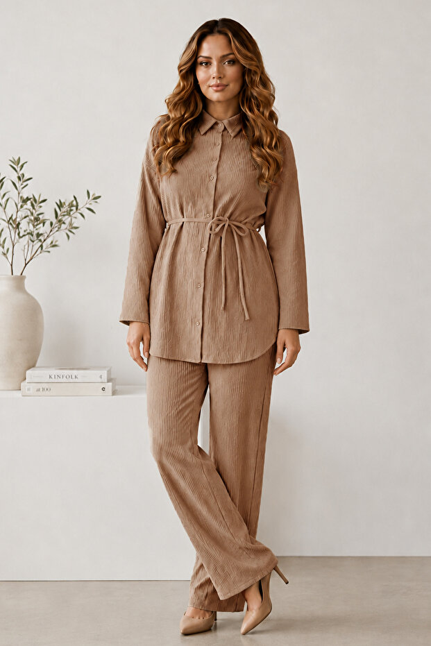 Belted Waist Wrapped Double Suit Beige 2193