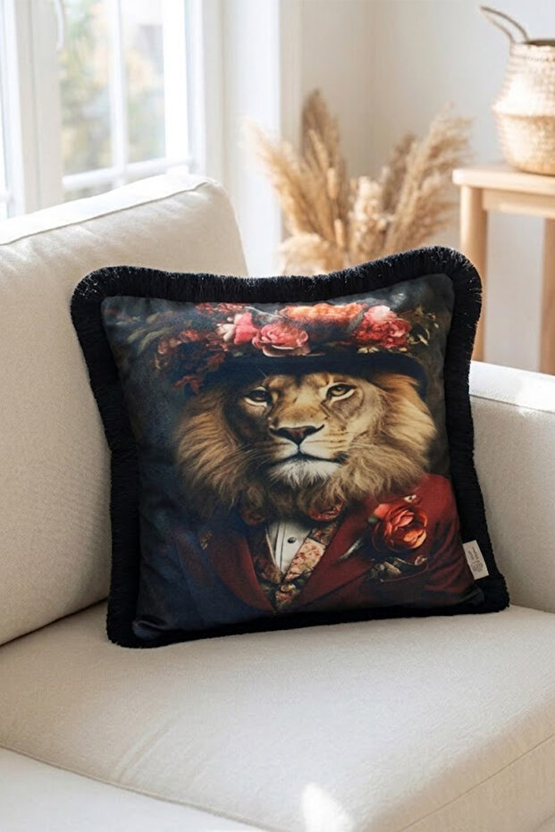 غطاء وسادة مربع بنمط أسد أسود مطبوع رقميًا مقاس 43 × 43 سم