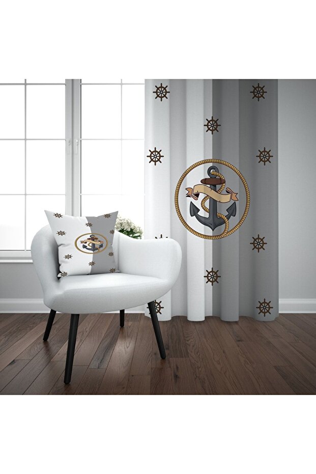 Sailor Helm Anchor Gray White Children's Room Single Wing Background Curtain