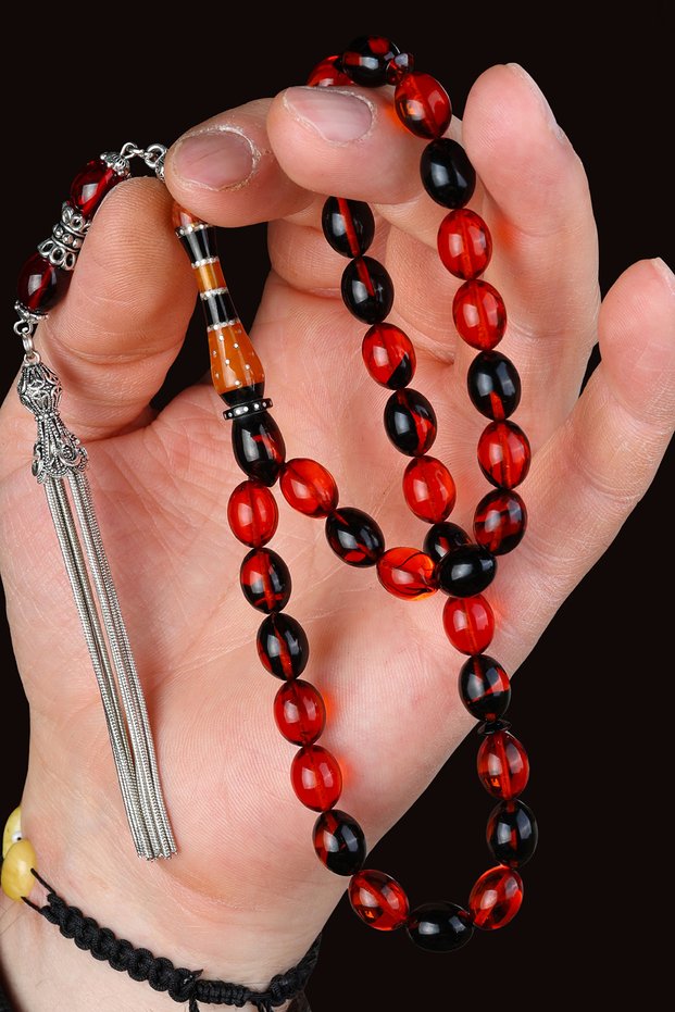 8X11 mm Fakir Usta Silver Nakkaş Ateşi Amber Prayer Beads