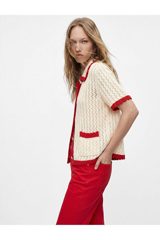 Pocket Detailed Openwork Baby Collar Short Sleeve Buttoned Knitwear Cardigan
