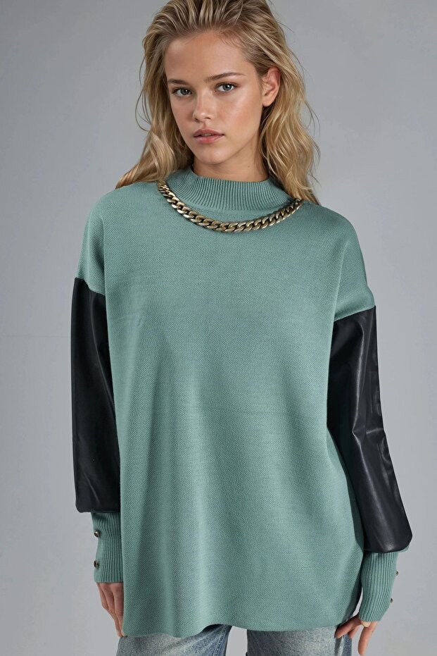 My Fashion Faux Leather Detailed Sweater