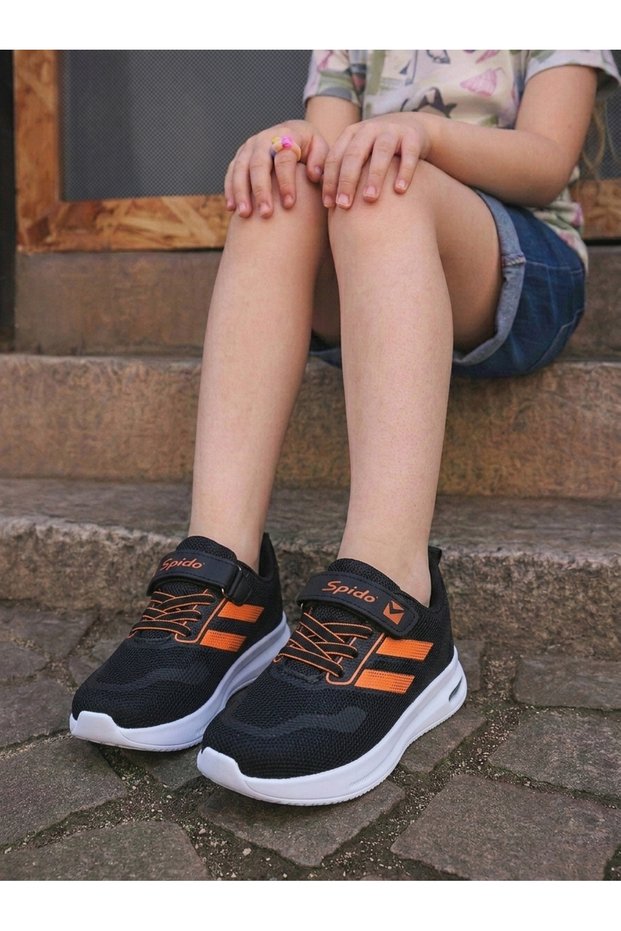 Unisex Black Orange Lace-Up Single Velcro Baby Kids Sports Shoes Sneakers School Shoes