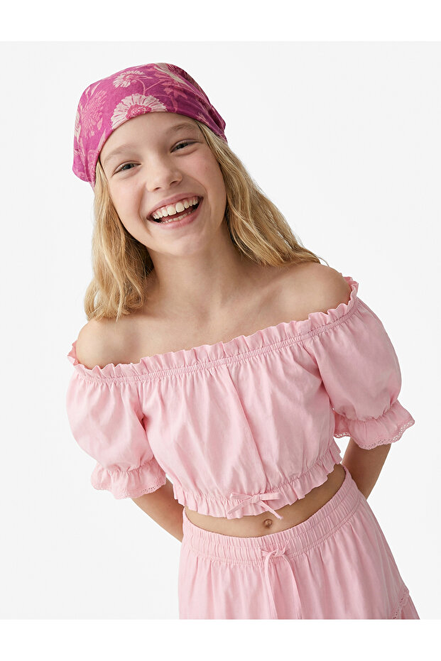 Short Sleeve Strapless Collar Ruffled Blouse with Gimped Detail, Pack of Cotton