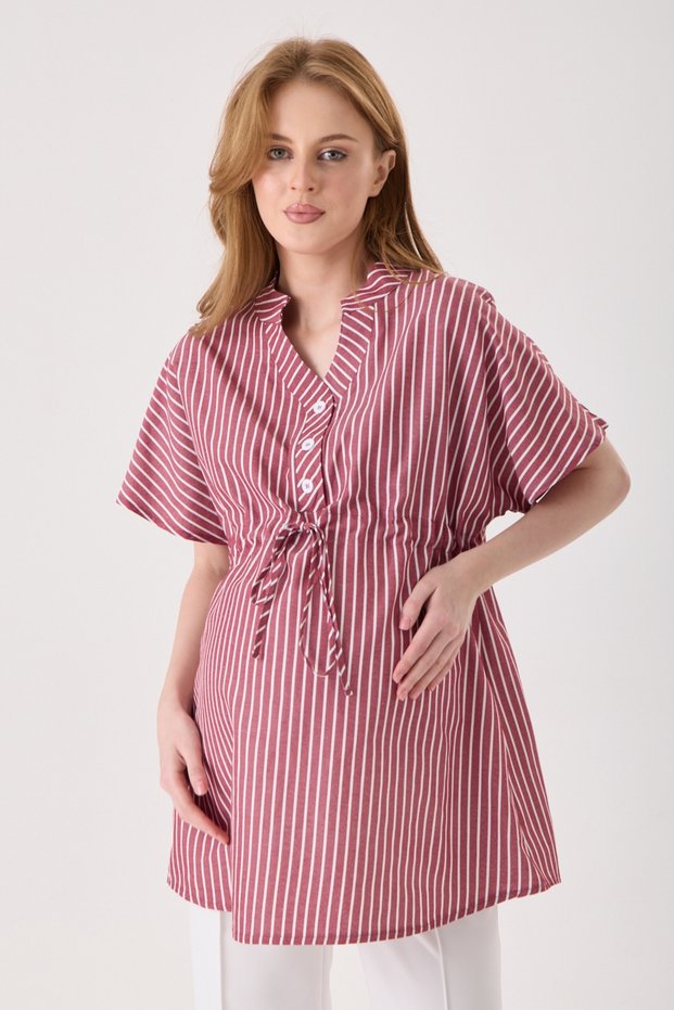 Maternity Burgundy Poplin Cotton Striped Pattern Blouse, Waist Tie and Collar Button Detail (Breastfeeding)
