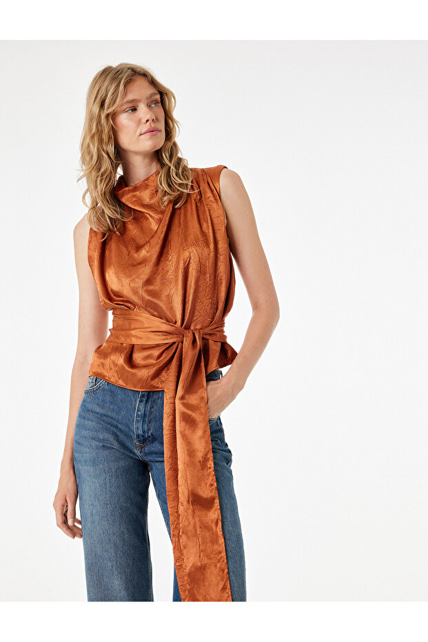 Sleeveless Tie-Up Belt Detailed Draped High Neck Textured Satin Blouse