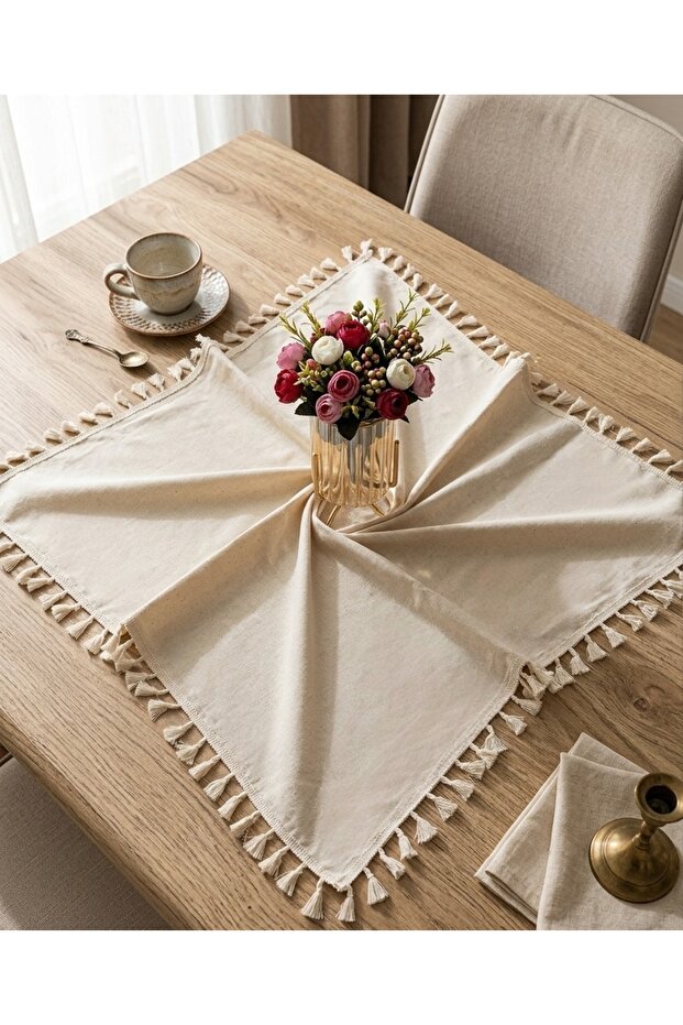 100% Cotton Natural Linen Fabric with Tassels