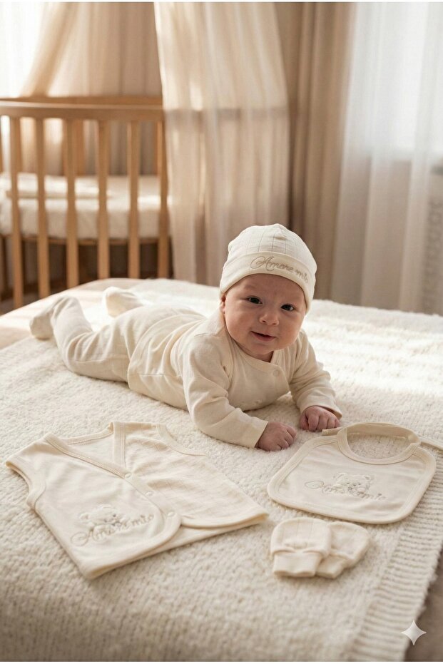 Boy Baby Amore Mi̇o Embroidered Teddy Bear with Bottle 10-Piece Newborn Hospital Release Zibin Set Boxed
