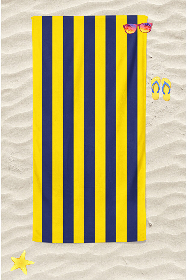 Yellow Navy Blue Patterned Digital Printed Youth Beach Towel Cotton Beach Towel Sea Towel