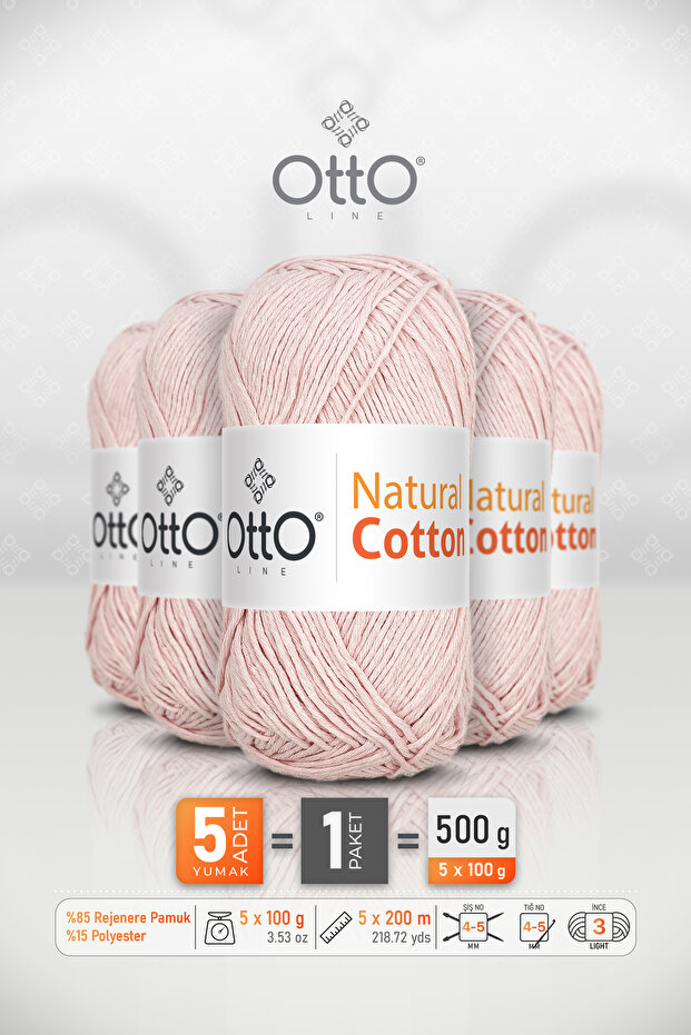 Natural Cotton • Powder (6035) • 5-Pack × 100 Gr / 200 m • 2 mm • Cotton Thread • Punch, Amigurumi, Macrame
