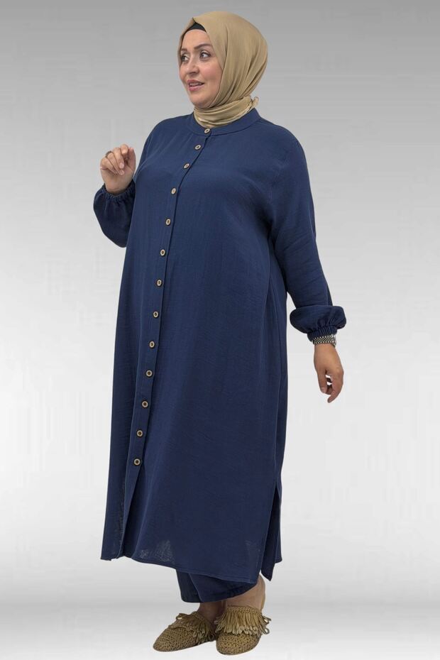 57044 Large Size Buttoned Muslin Trousers Suit with Elastic Sleeves - Navy Blue