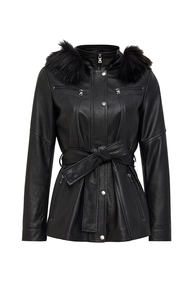 Rebecca Women's Black Collar Shearling Leather Coat 24Wge52092H