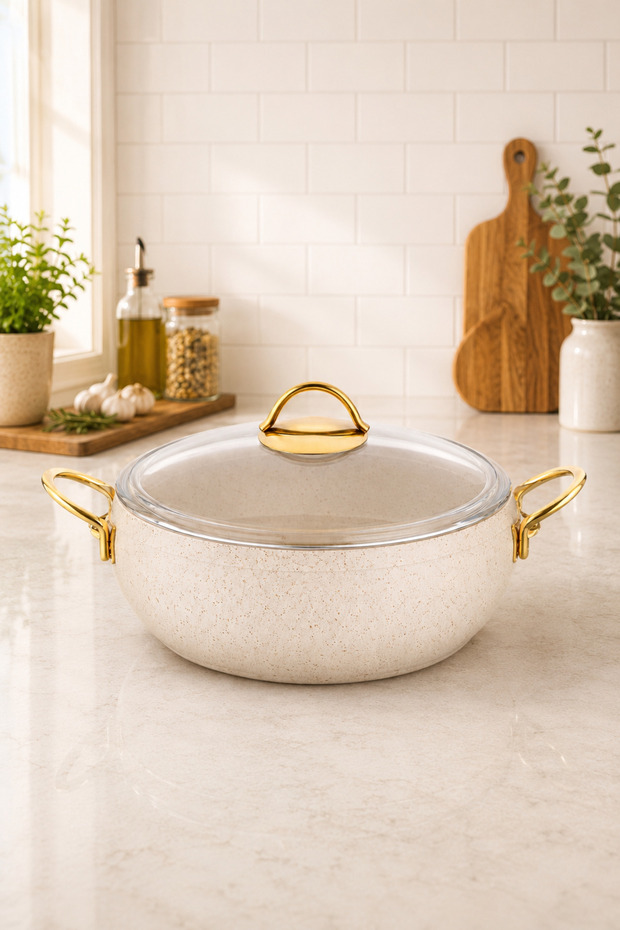 Caldora 26 cm Deep Granite Casserole Pot Non-Stick with Cream Gold Handle and Glass Lid