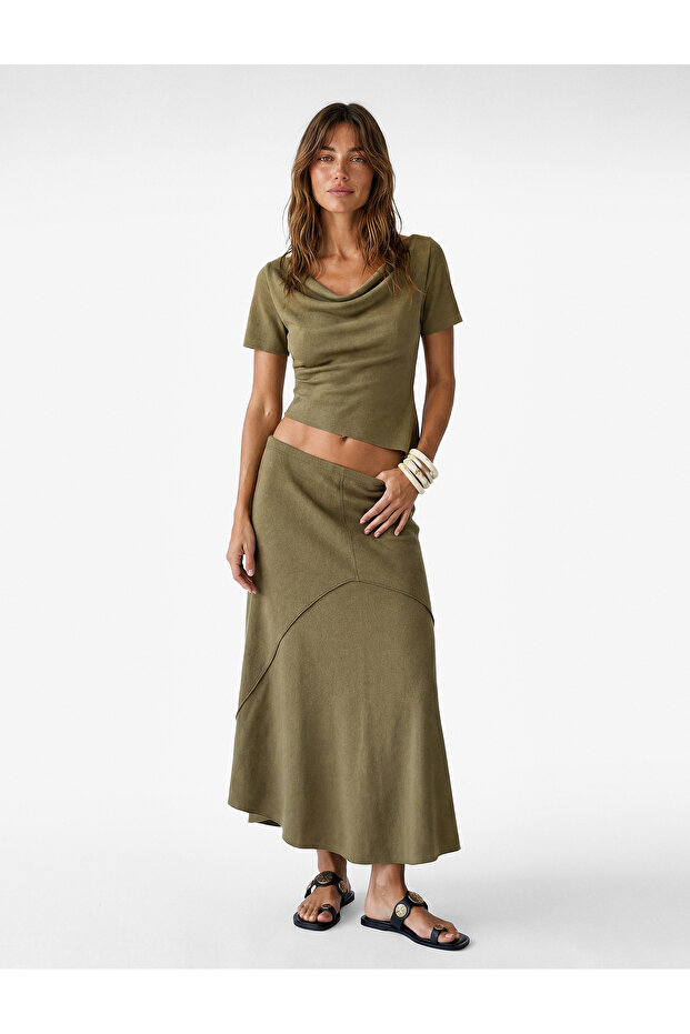 Crepe Fabric Slim Fit Short Sleeve Asymmetrical Collar T-Shirt