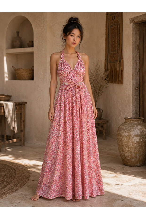 Silk Long Pink Floral Dress with Tie Detail