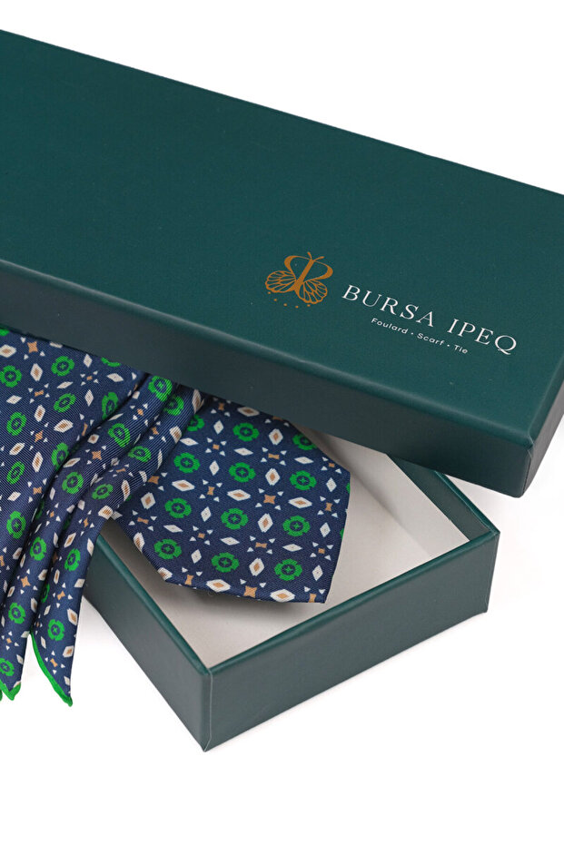 Navy Blue Patterned Silk Tie Set - 4