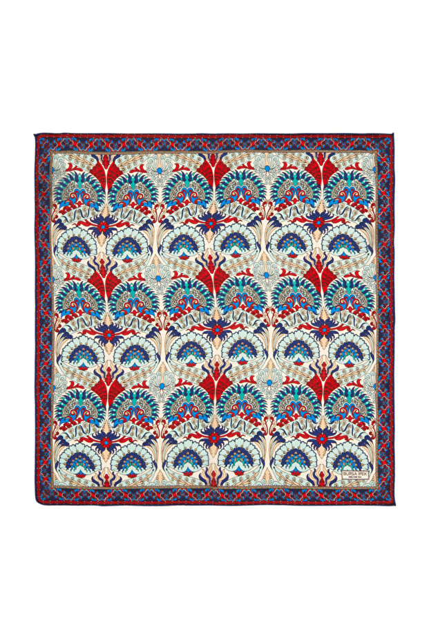 Red Turquoise Peacock Pattern Silk Handkerchief
