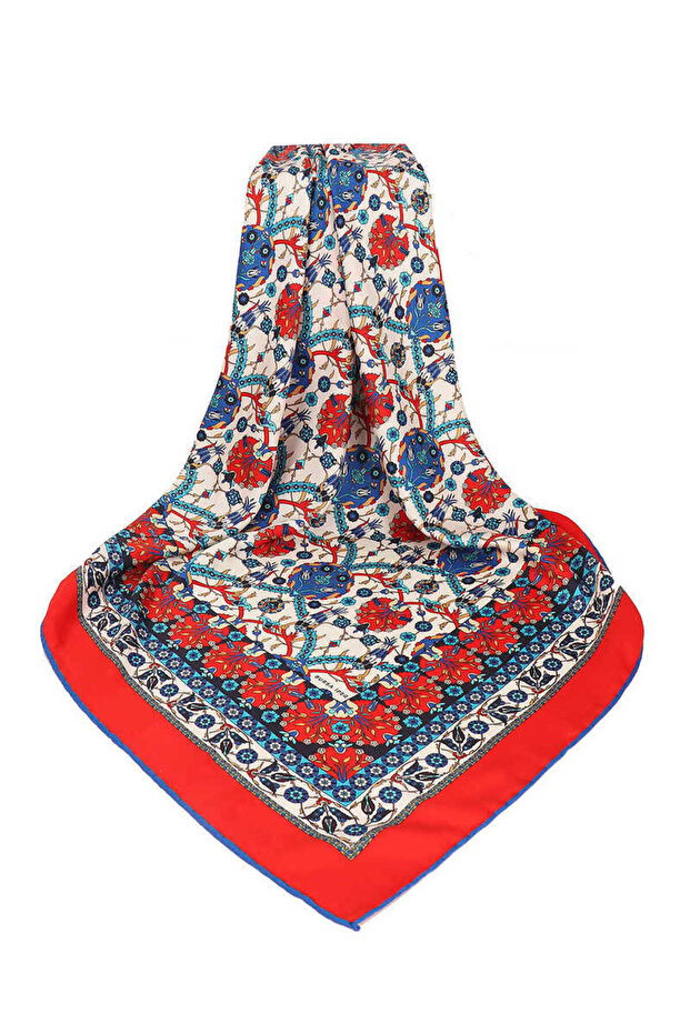 Red Tile Tulip Pattern Silky Scarf - 3