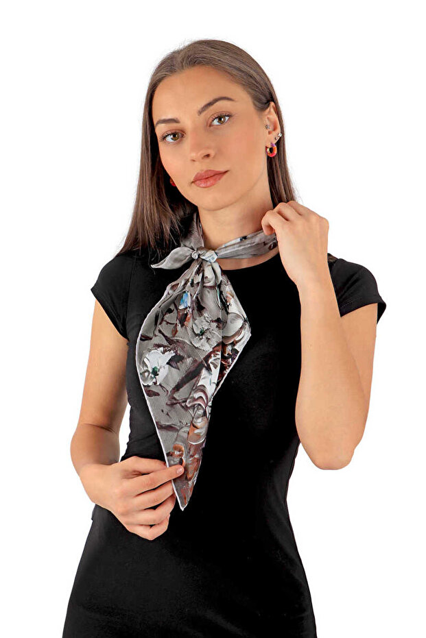 Anemone Patterned Gray Silk Handkerchief - 2