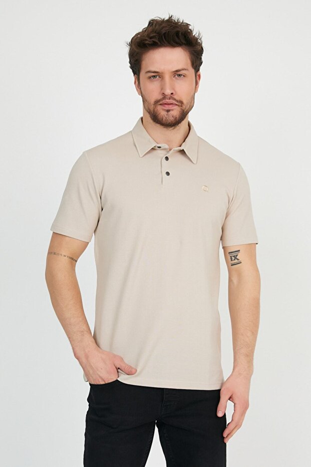 Ανδρικό μπλουζάκι Basic Polo Neck Solid Comfort Beige - 5