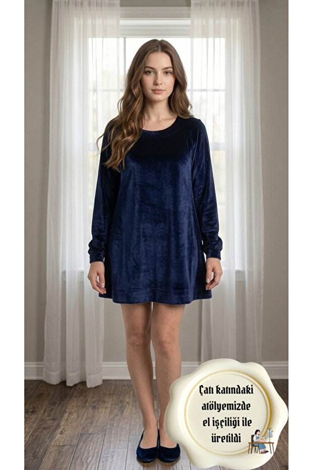 Navy Blue Velvet Women's Long Sleeve Dress