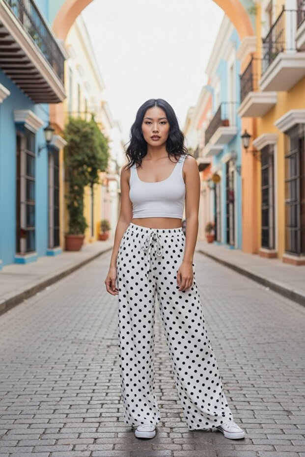 White Polka Dot High Waist Elastic Waist Palazzo Wide Leg Sandy Trousers