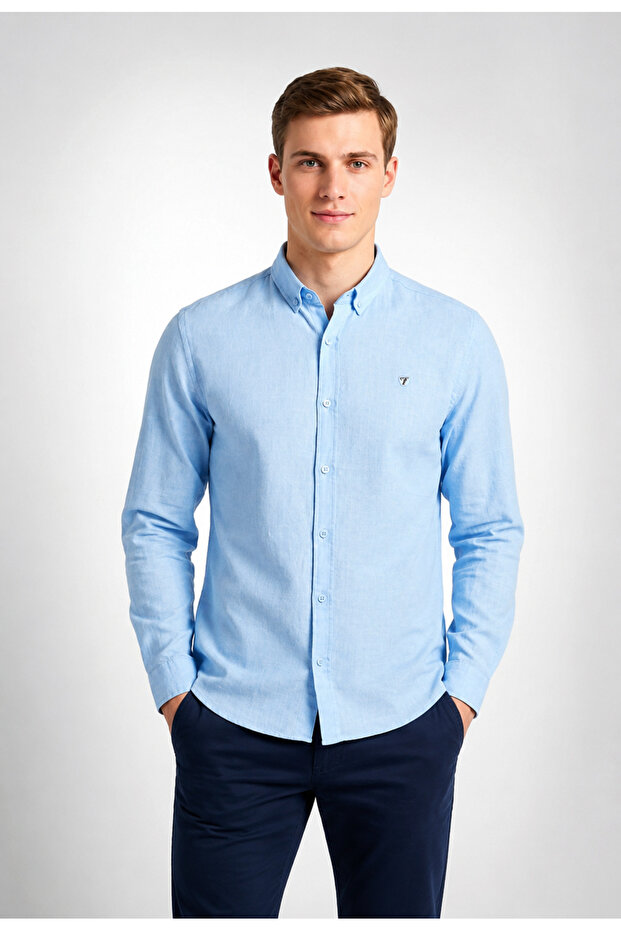 Blue 100% Cotton Slim Fit Button-Down Collar Men's Shirt