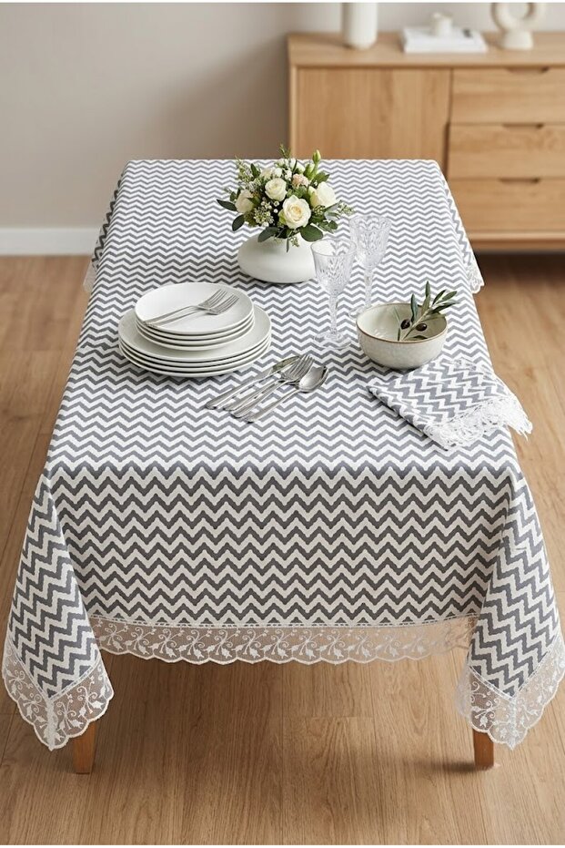 Lace Detailed Tablecloth | Waterproof Duck Fabric | Stain-Resistant and Erasable