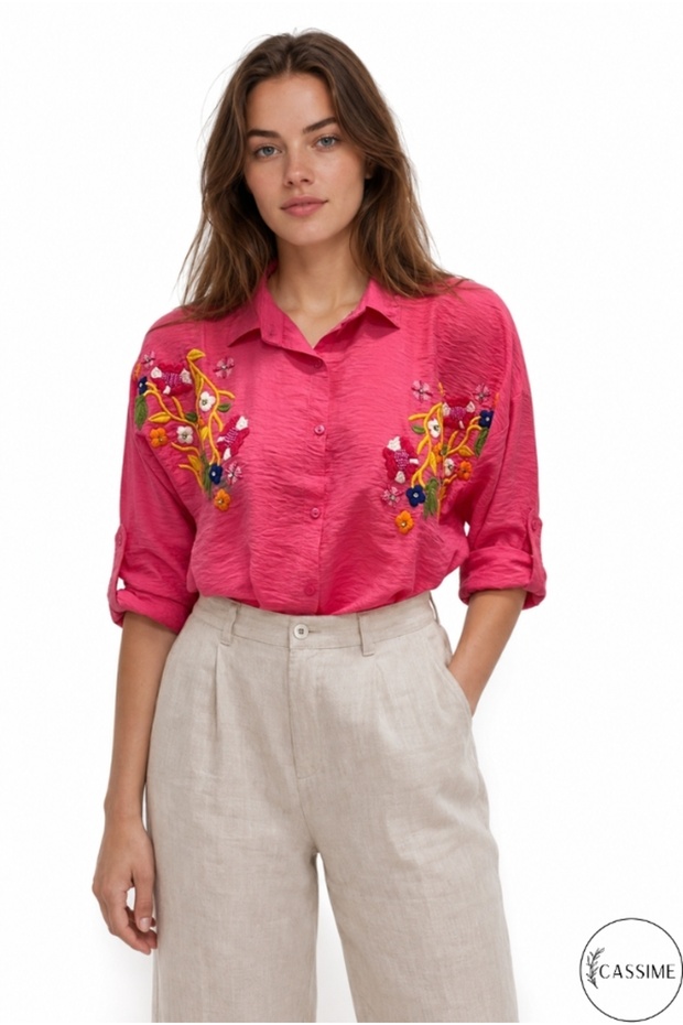 Women's Fuchsia Flower Beaded Embroidered Buttoned Ayrobin Shirt