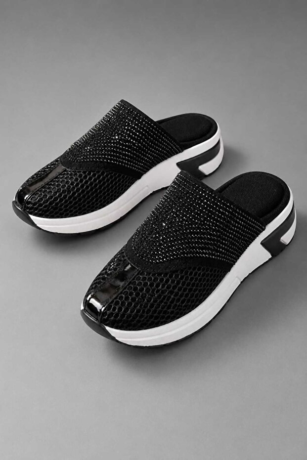 Stone and Fishnet Detail Orthopedic Black Women's Slippers with Mesh Front