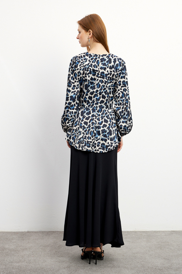 Leopard Patterned Blouse Skirt Set - Indigo - 5