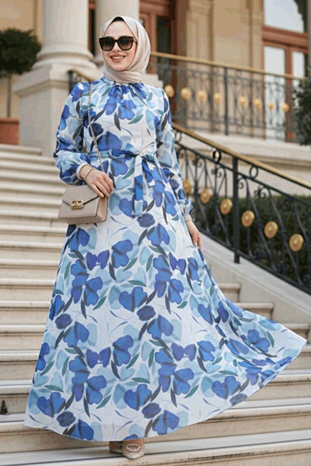 Floral Patterned Sax Blue Hijab Dress 279901 Sx