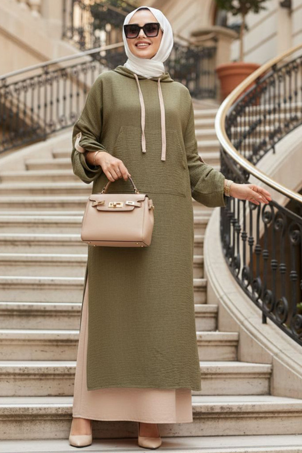 Hooded Khaki Hijab Dress 76612Hk