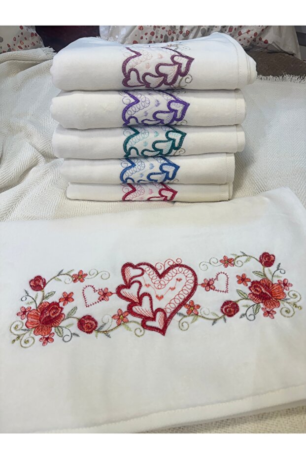 6-Piece Çınar Embroidered Velvet Hand Towel 50X90Cm White - Outlet