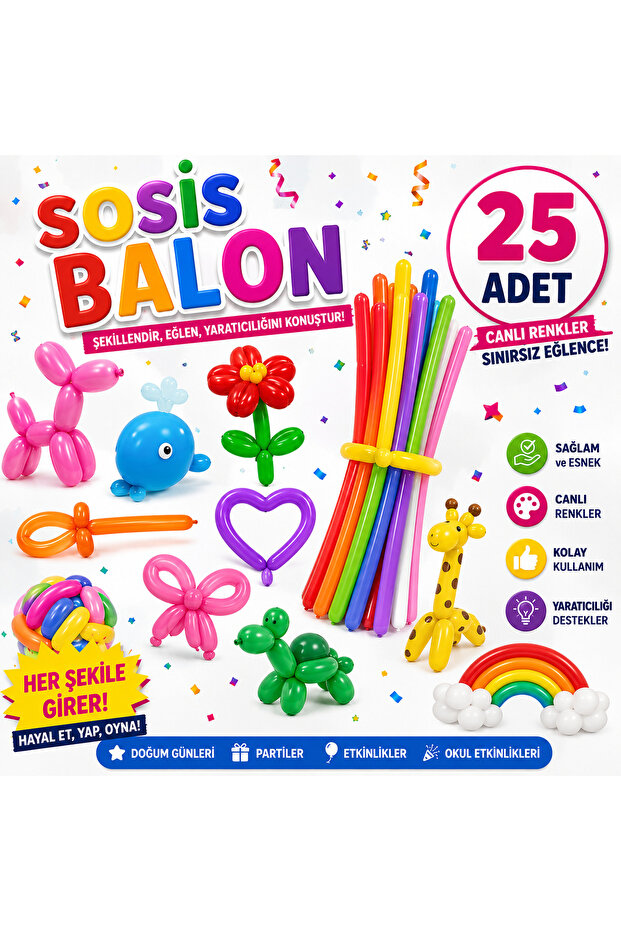 Mixed Color Sausage Balloon 25 Pieces