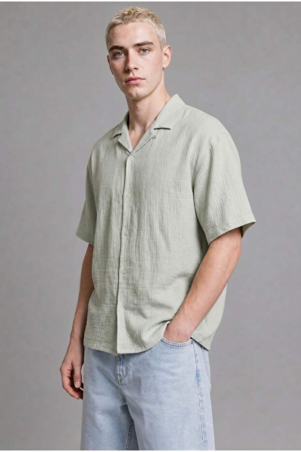 100% Cotton Boxy Fit Embroidered Muslin Short Sleeve Mint Green Shirt I3102Ax26Hs