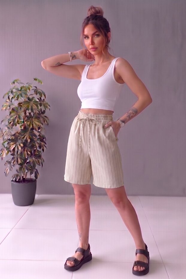 Beige Striped Adjustable Waist Linen Cotton Shorts
