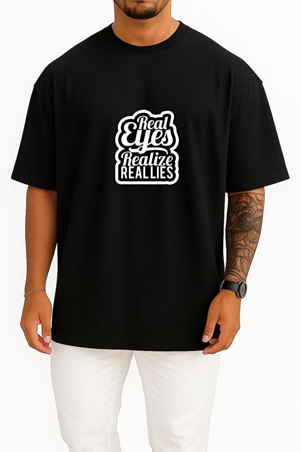 Oversized Real Eyes See Real Lies Chest Printed Unisex T-Shirt