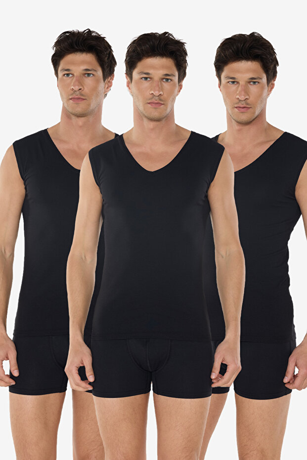 Men's Black 3-Pack V-Neck Non-Marking Modal Sleeveless Undershirt 064