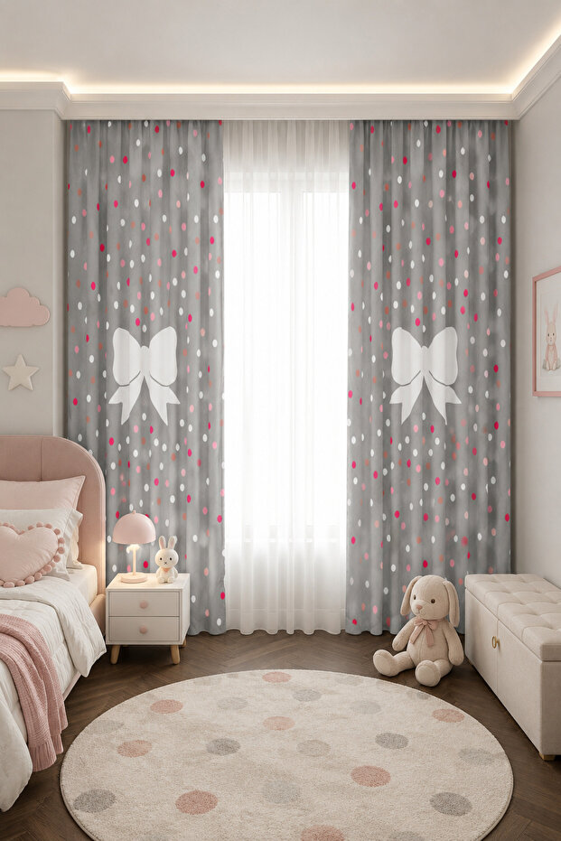 Grey background polka dot double panel Drapery Curtain for children's room.