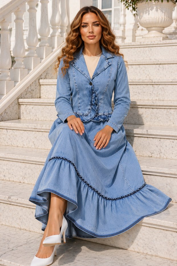 Ruffle Detailed Denim Suit Blue 6121