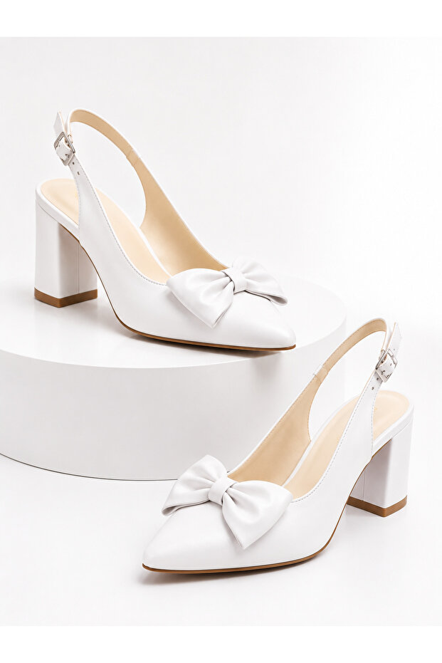 Beren Women's White Bow Tie Open Back 5 cm Heeled Shoes